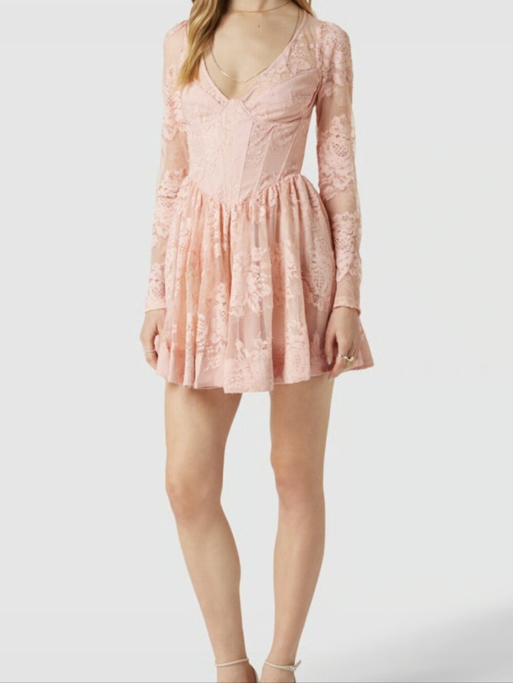 Bardot Blush Lace V-Neck Mini Dress